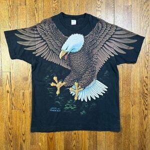 Vintage 90s LIQUID BLUE Bald Eagle All Over Print 1994 Art Black T Shirt